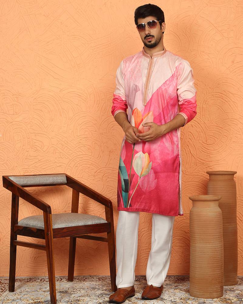 cotton silk floral printed anchor neck work pink kurta