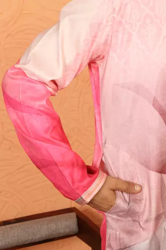 cotton silk floral printed anchor neck work pink kurta