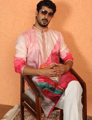 cotton silk floral printed anchor neck work pink kurta 5