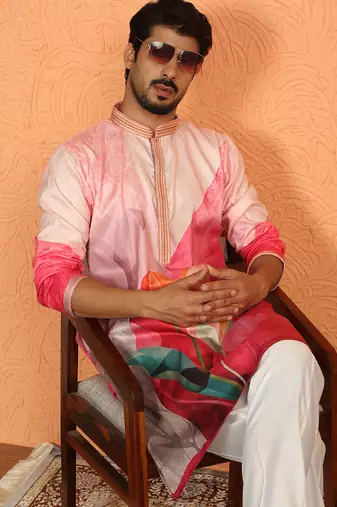 cotton silk floral printed anchor neck work pink kurta