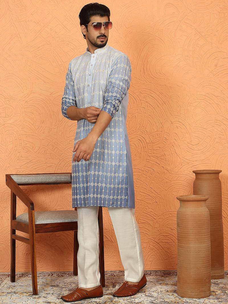 cotton silk ombre embroidered blue kurta