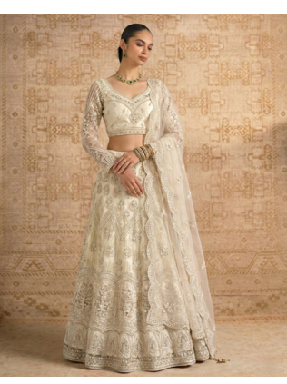 Off White Butterfly Net fabric with Embroidered, Resham, Sequence, Thread work Lehengas For Your Wedding Look 1