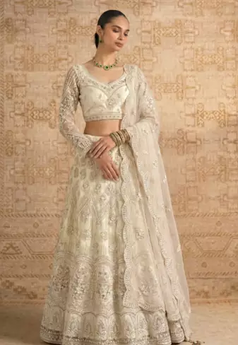 Off White Butterfly Net fabric with Embroidered, Resham, Sequence, Thread work Lehengas For Your Wedding Look