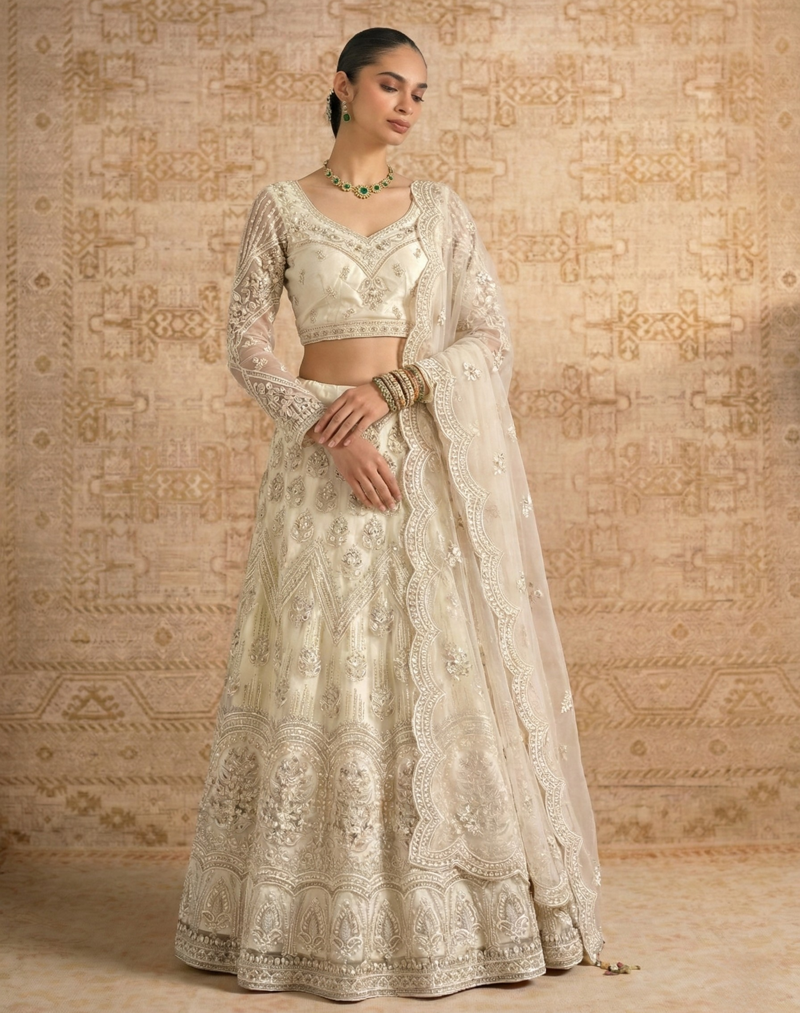 Off White Butterfly Net fabric with Embroidered, Resham, Sequence, Thread work Lehengas For Your Wedding Look