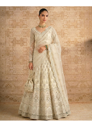 Off White Butterfly Net fabric with Embroidered, Resham, Sequence, Thread work Lehengas For Your Wedding Look 2