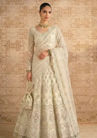 Off White Butterfly Net fabric with Embroidered, Resham, Sequence, Thread work Lehengas For Your Wedding Look