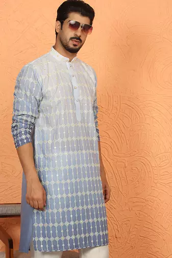 cotton silk ombre embroidered blue kurta