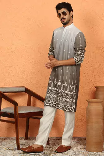 cotton silk ombre embroidered daman work brown kurta
