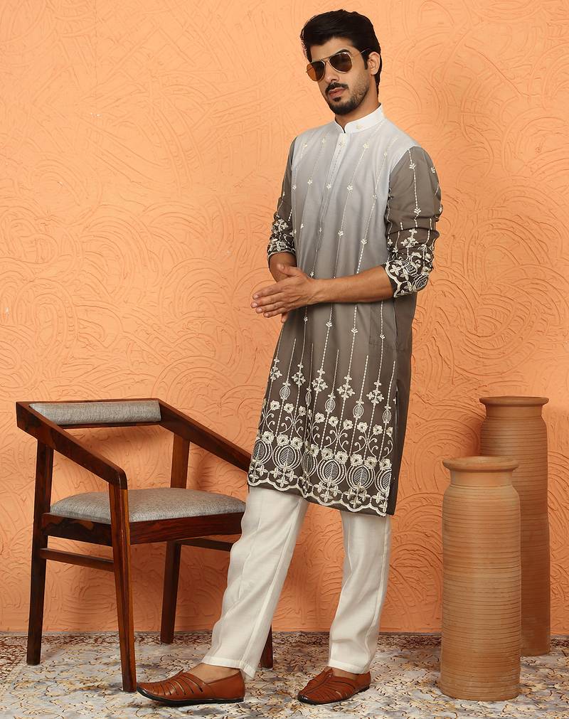 cotton silk ombre embroidered daman work brown kurta