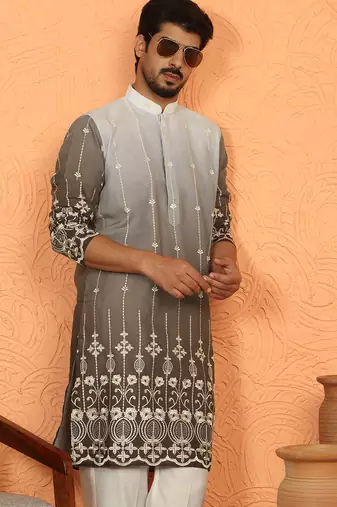 cotton silk ombre embroidered daman work brown kurta