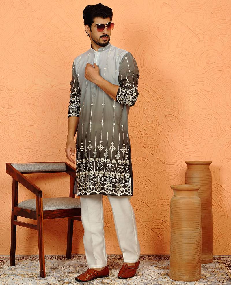 cotton silk ombre embroidered daman work green kurta
