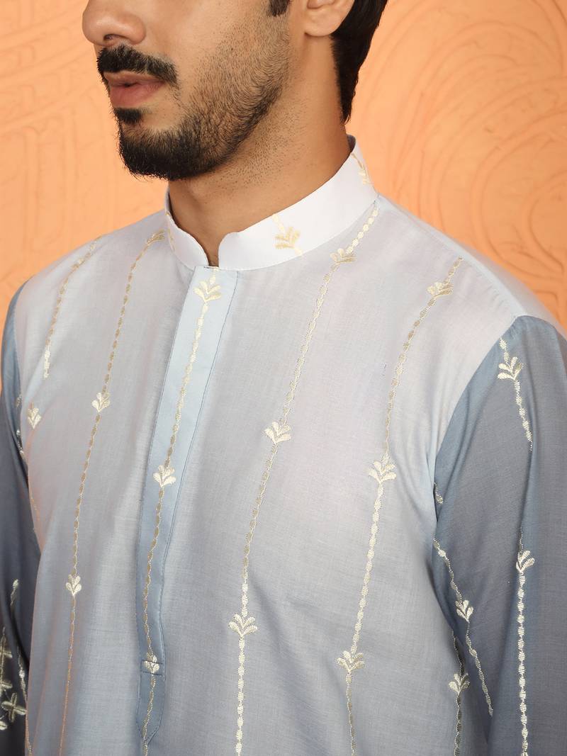 cotton silk ombre embroidered daman work grey kurta