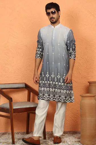 cotton silk ombre embroidered daman work grey kurta