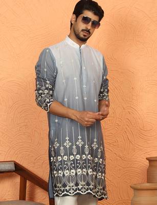 cotton silk ombre embroidered daman work grey kurta 5