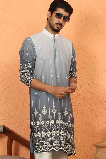 cotton silk ombre embroidered daman work grey kurta