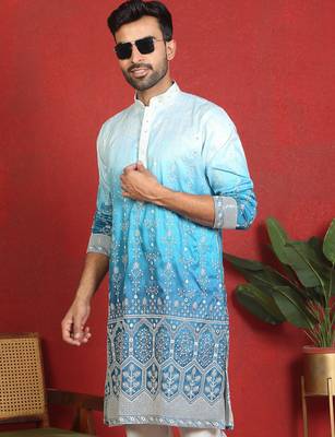 ethnic ombre cotton silk with floral embroidered detail daman work blue kurta 1