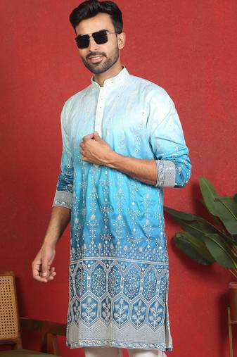 ethnic ombre cotton silk with floral embroidered detail daman work blue kurta