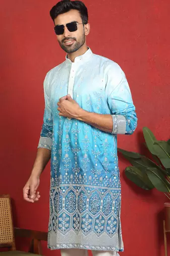 ethnic ombre cotton silk with floral embroidered detail daman work blue kurta