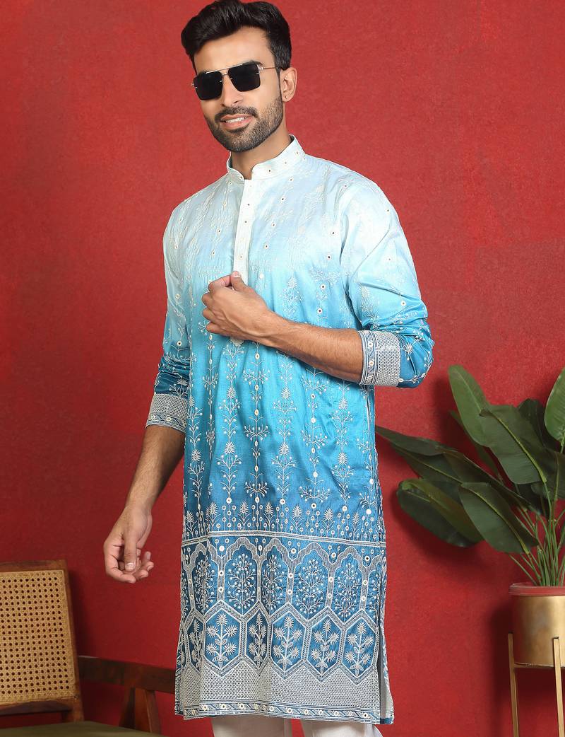 ethnic ombre cotton silk with floral embroidered detail daman work blue kurta