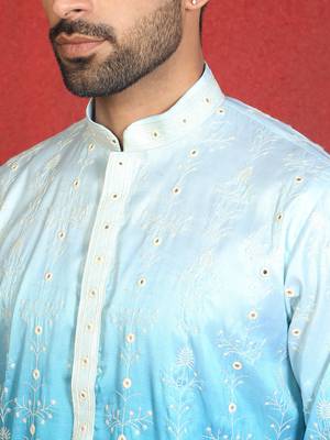 ethnic ombre cotton silk with floral embroidered detail daman work blue kurta 2