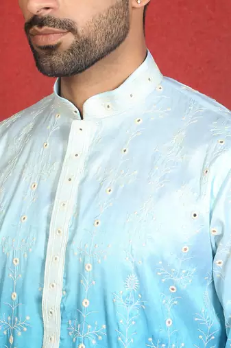 ethnic ombre cotton silk with floral embroidered detail daman work blue kurta