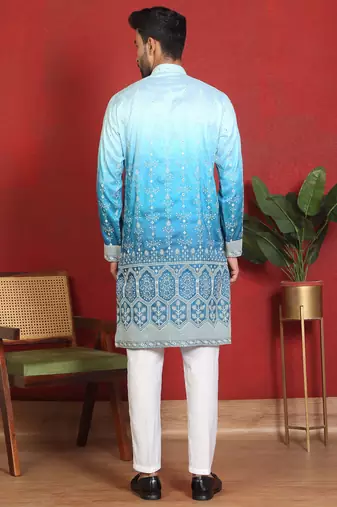 ethnic ombre cotton silk with floral embroidered detail daman work blue kurta