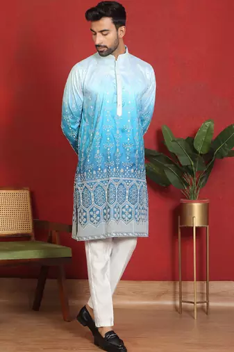 ethnic ombre cotton silk with floral embroidered detail daman work blue kurta