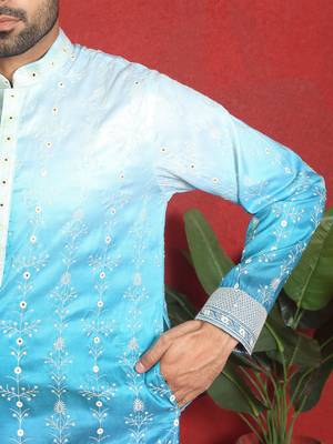 ethnic ombre cotton silk with floral embroidered detail daman work blue kurta 5