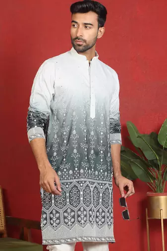 ethnic ombre cotton silk with floral embroidered detail daman work grey kurta