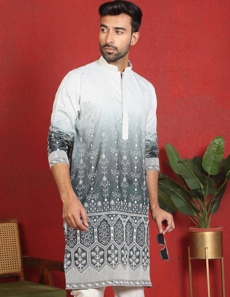 ethnic ombre cotton silk with floral embroidered detail daman work grey kurta