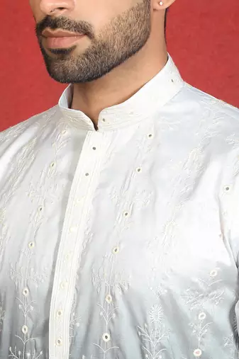 ethnic ombre cotton silk with floral embroidered detail daman work grey kurta
