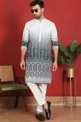 ethnic ombre cotton silk with floral embroidered detail daman work grey kurta
