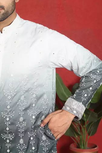 ethnic ombre cotton silk with floral embroidered detail daman work grey kurta