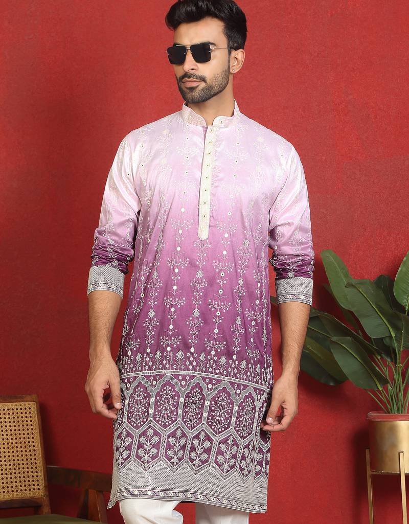 ethnic ombre cotton silk with floral embroidered detail daman work purple kurta
