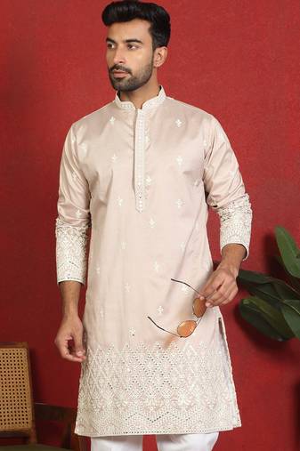 ethnic cotton silk mirror work with floral embroidered detail daman work beige kurta