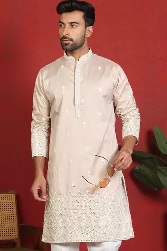 ethnic cotton silk mirror work with floral embroidered detail daman work beige kurta