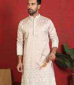 ethnic cotton silk mirror work with floral embroidered detail daman work beige kurta