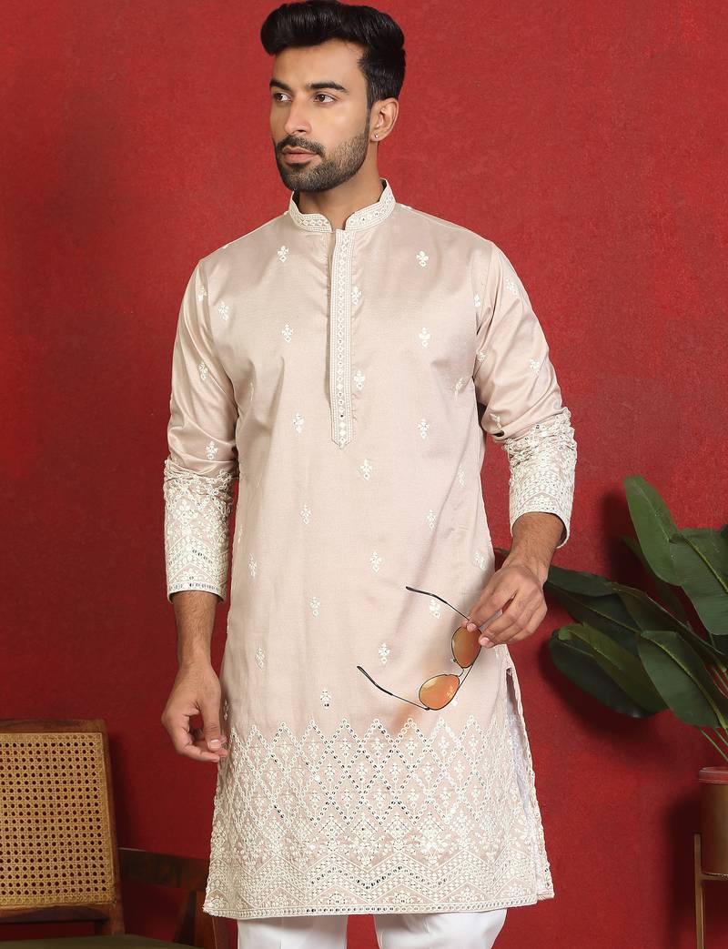 ethnic cotton silk mirror work with floral embroidered detail daman work beige kurta
