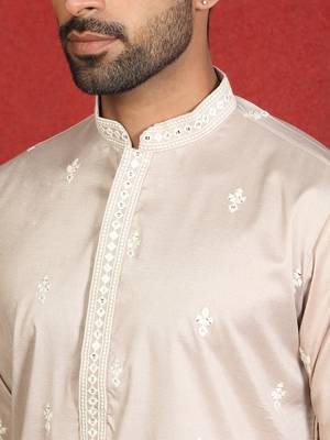 ethnic cotton silk mirror work with floral embroidered detail daman work beige kurta 2