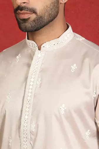 ethnic cotton silk mirror work with floral embroidered detail daman work beige kurta