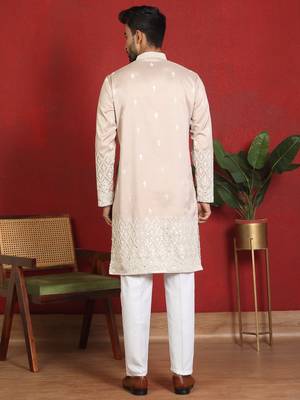 ethnic cotton silk mirror work with floral embroidered detail daman work beige kurta 3