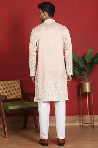ethnic cotton silk mirror work with floral embroidered detail daman work beige kurta