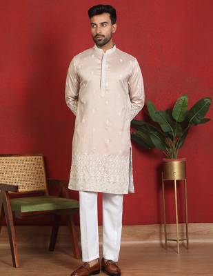 ethnic cotton silk mirror work with floral embroidered detail daman work beige kurta 4