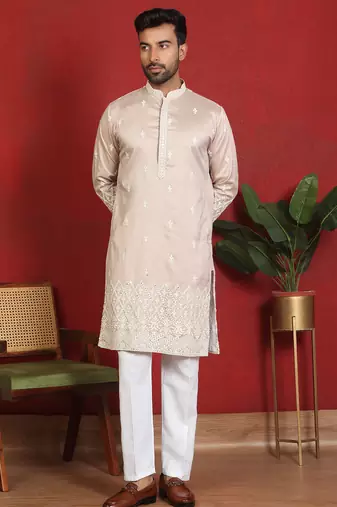 ethnic cotton silk mirror work with floral embroidered detail daman work beige kurta