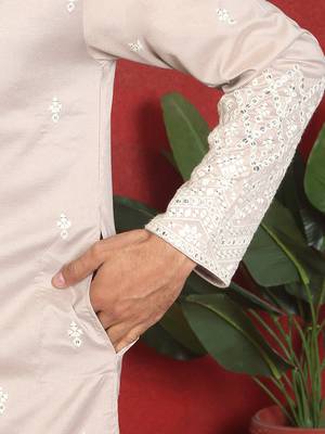 ethnic cotton silk mirror work with floral embroidered detail daman work beige kurta 5