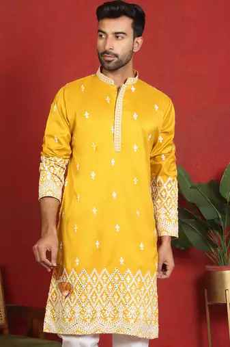 ethnic cotton silk mirror work with floral embroidered detail daman work yellow kurta