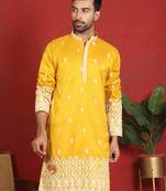 ethnic cotton silk mirror work with floral embroidered detail daman work yellow kurta