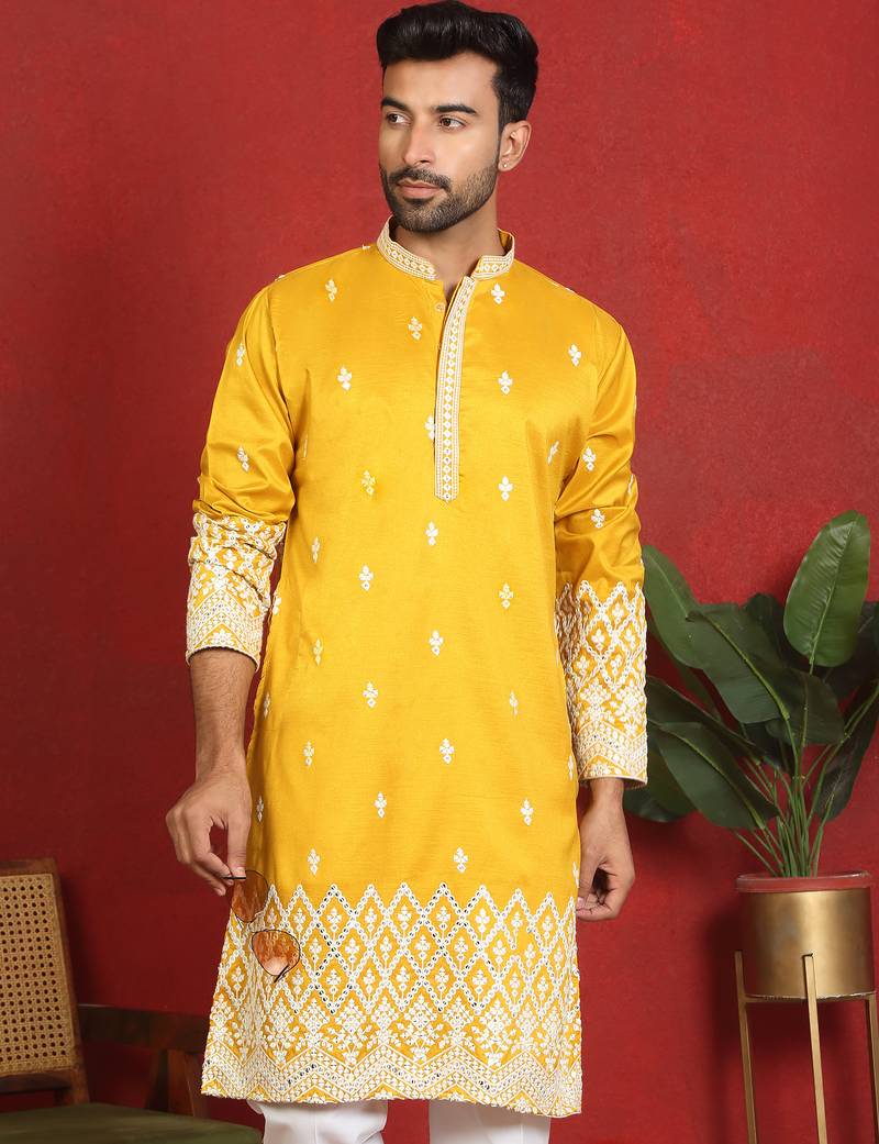 ethnic cotton silk mirror work with floral embroidered detail daman work yellow kurta