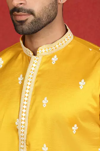 ethnic cotton silk mirror work with floral embroidered detail daman work yellow kurta