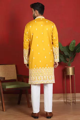 ethnic cotton silk mirror work with floral embroidered detail daman work yellow kurta
